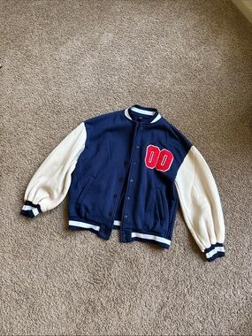 SHEIN Navy Blue and White Varsity Jacket with Red Patch